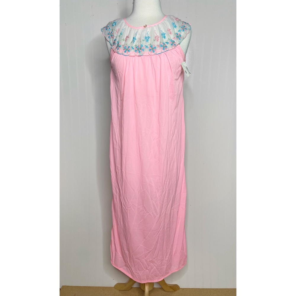 Vintage 60s/70s Pink Embroidered Collar Nightgown PinUp Sleeveless Women’s Small